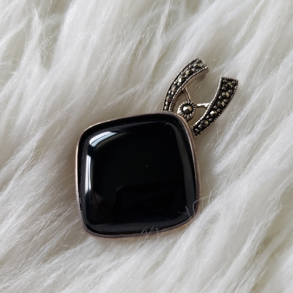 Vintage Onyx and Marcasite Sterling Silver Pendant - Picture 2 of 5